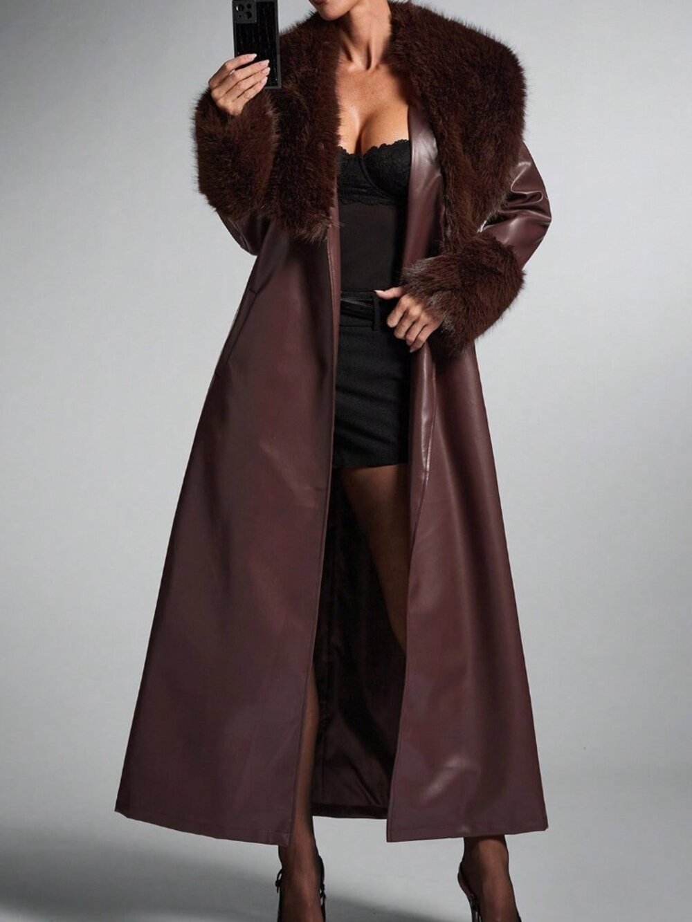 Coffee Brown Party Women's Faux Fur Collar Long Cinched Waist Coat